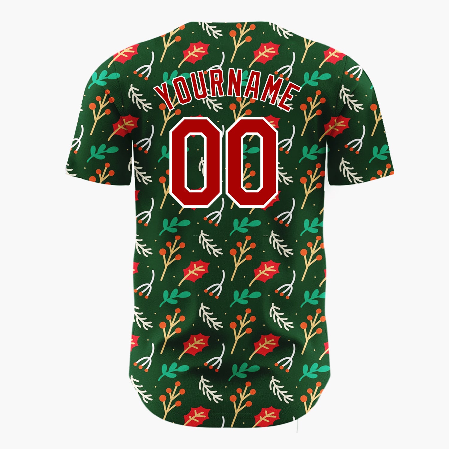 Custom Dark Green Holly Berries Leaves Cartoon Pattern Christmas Baseball Jersey