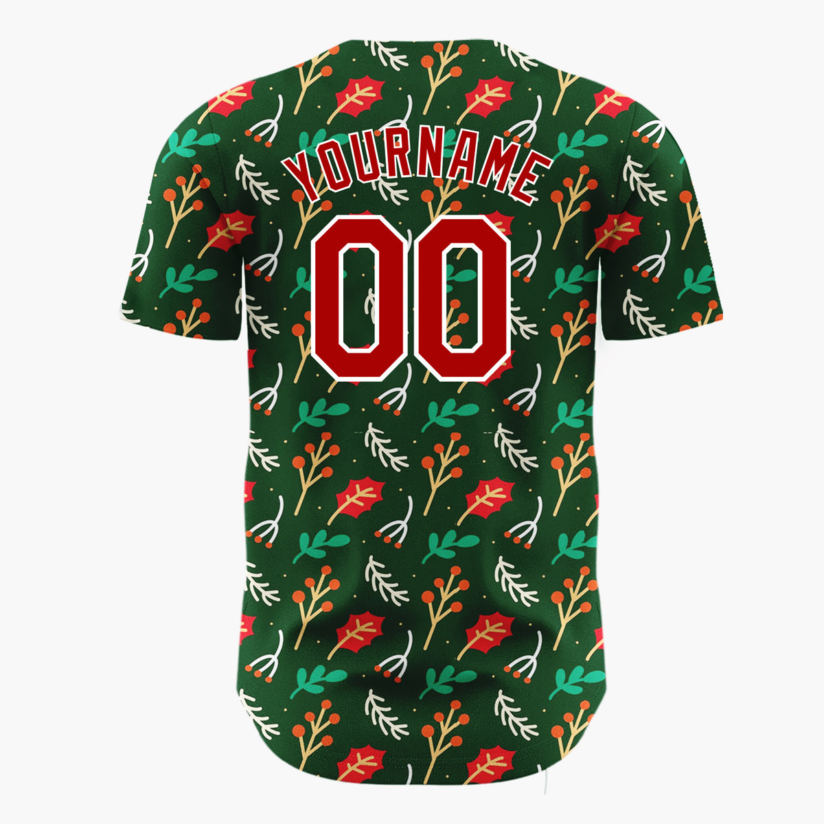 Custom Dark Green Holly Berries Leaves Cartoon Pattern Christmas Baseball Jersey