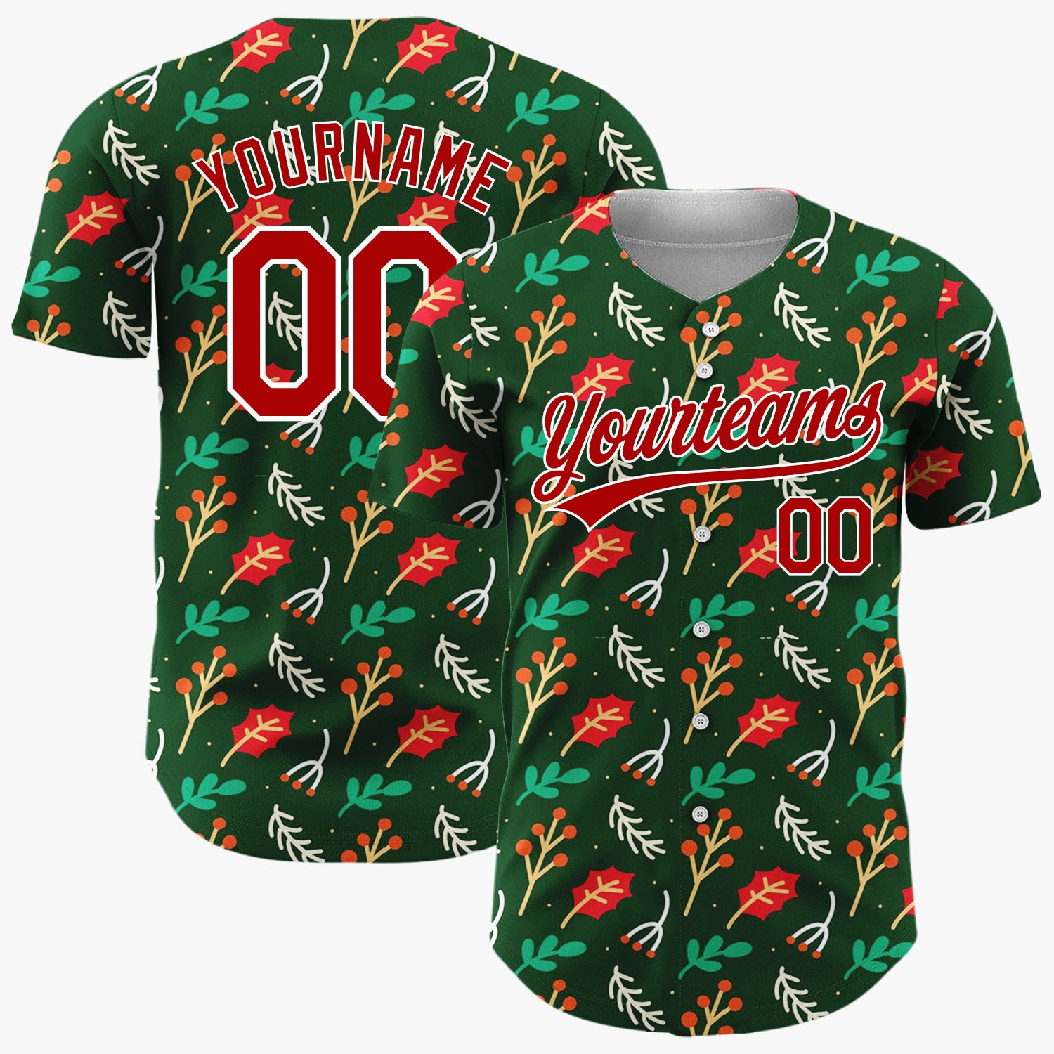 Custom Dark Green Holly Berries Leaves Cartoon Pattern Christmas Baseball Jersey