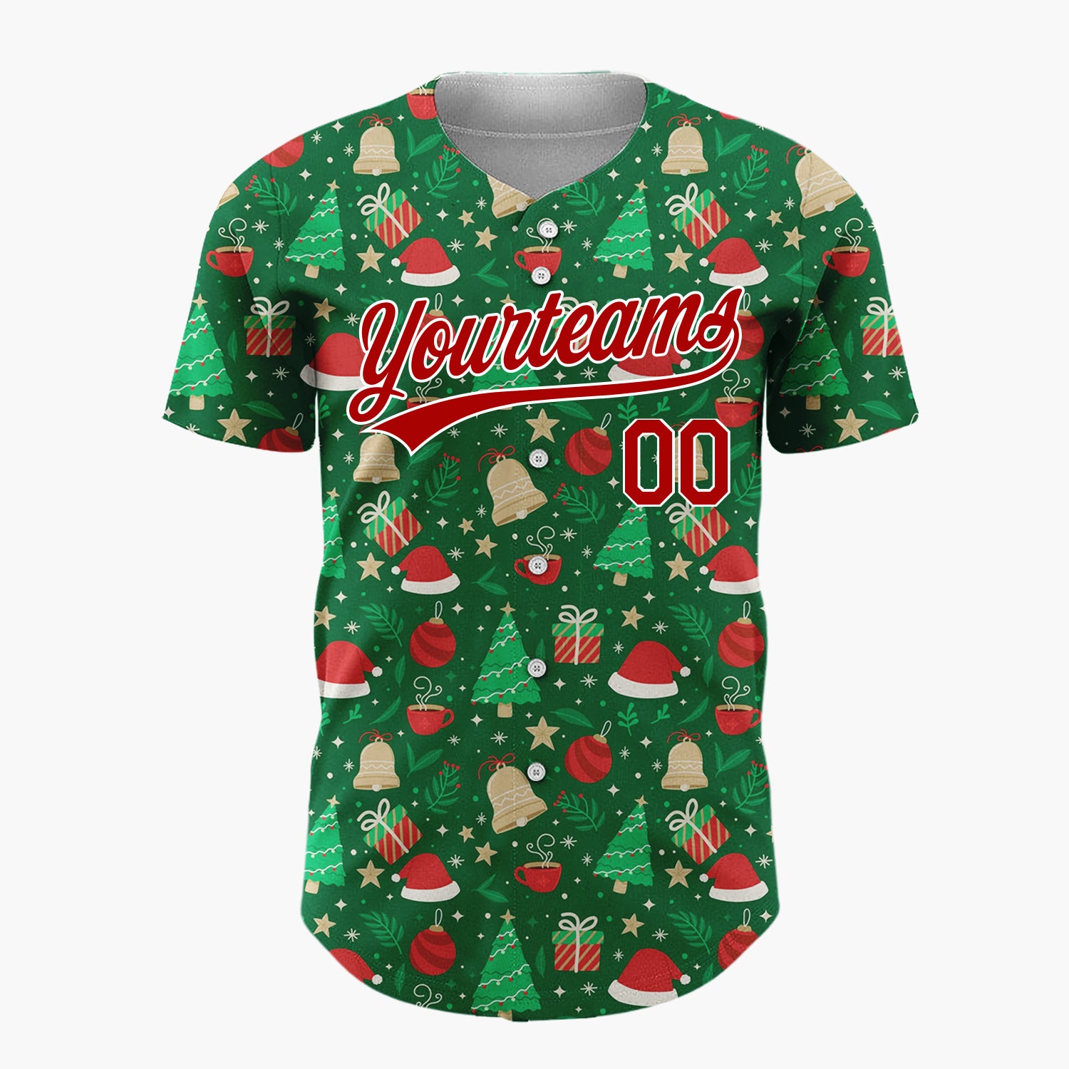 Custom Dark Green Christmas Trees Santa Doodles Cartoon Pattern Christmas Baseball Jersey