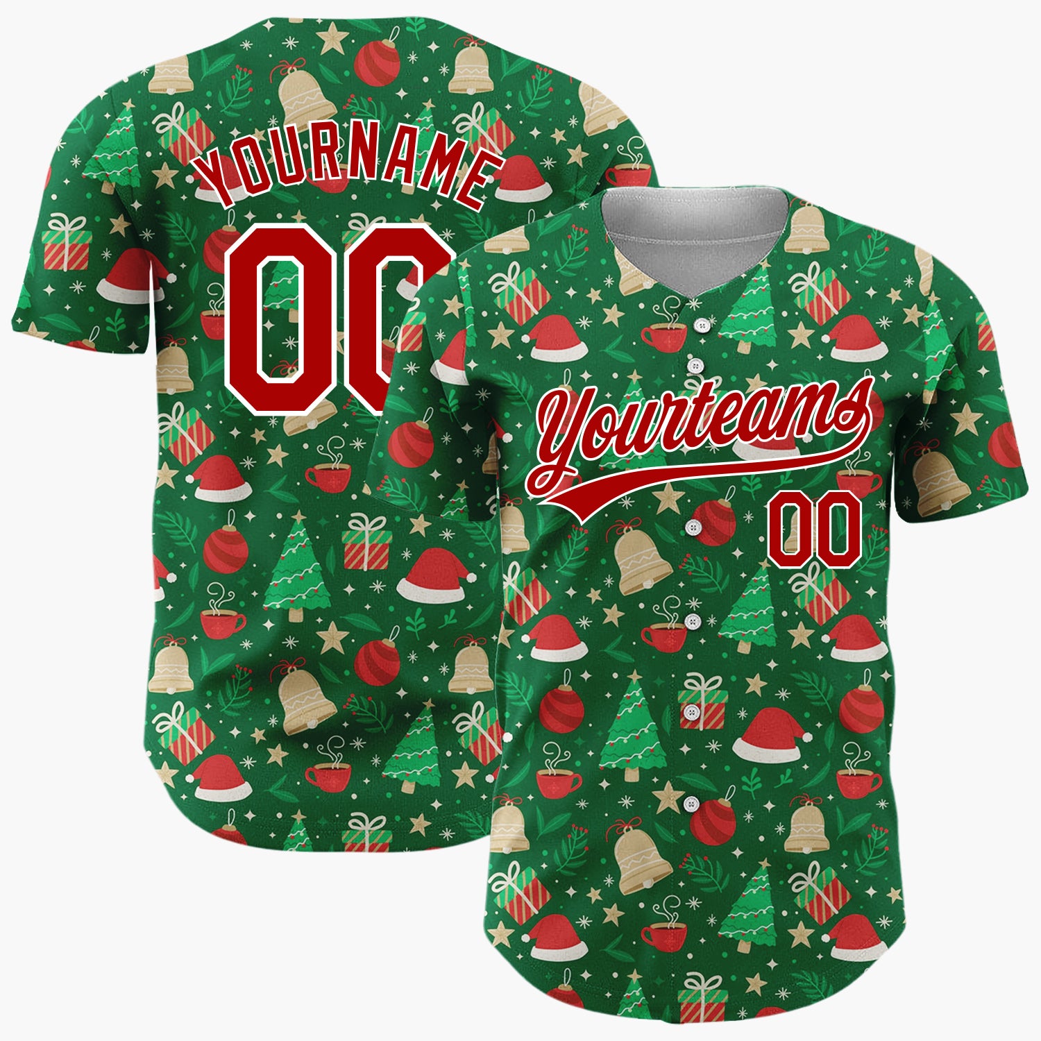 Custom Dark Green Christmas Trees Santa Doodles Cartoon Pattern Christmas Baseball Jersey