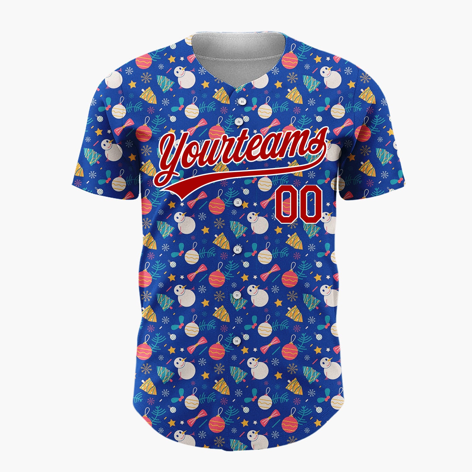 Custom Dark Blue Red Snowmen Ornaments And Stars Whimsical Winter Pattern Christmas Baseball Jersey
