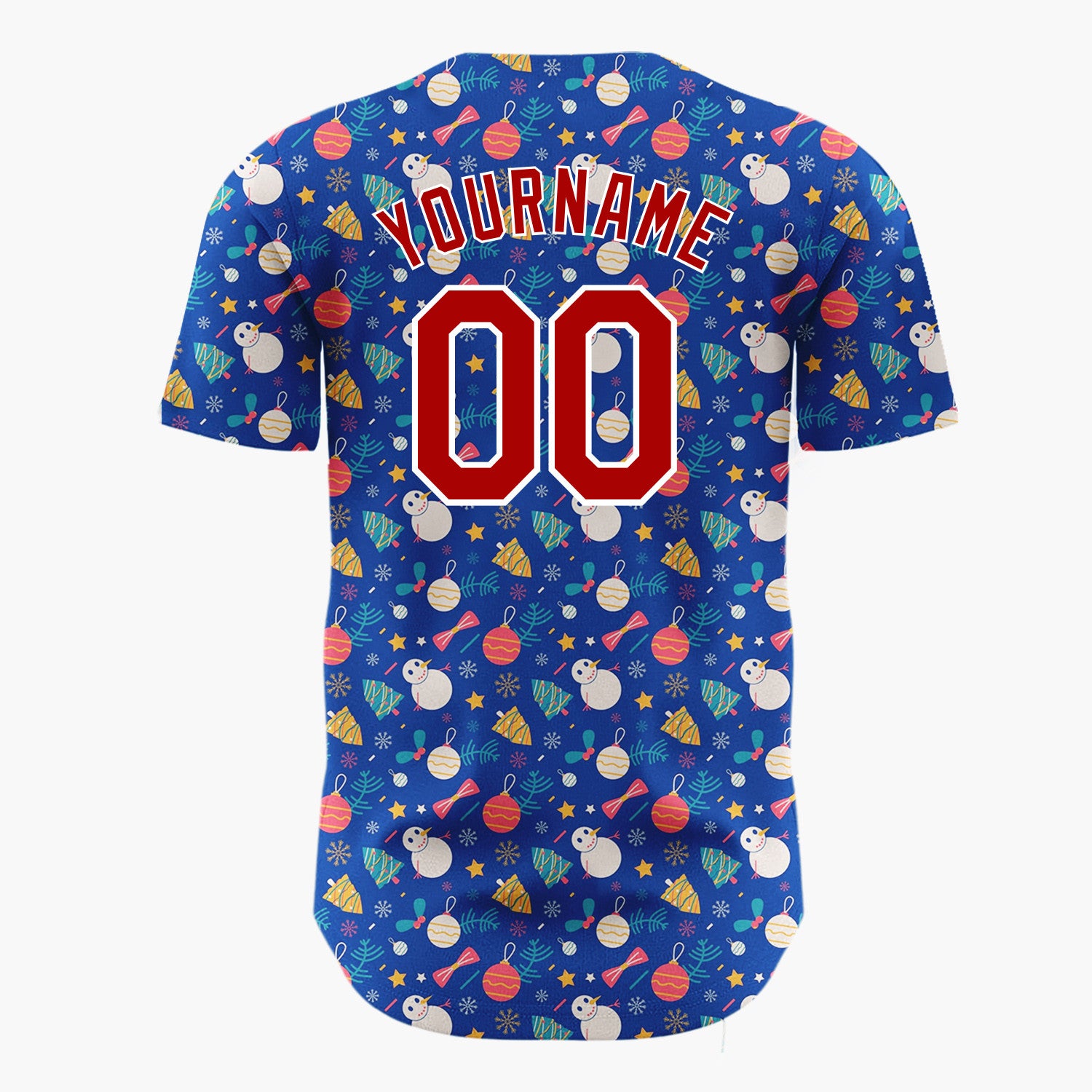 Custom Dark Blue Red Snowmen Ornaments And Stars Whimsical Winter Pattern Christmas Baseball Jersey