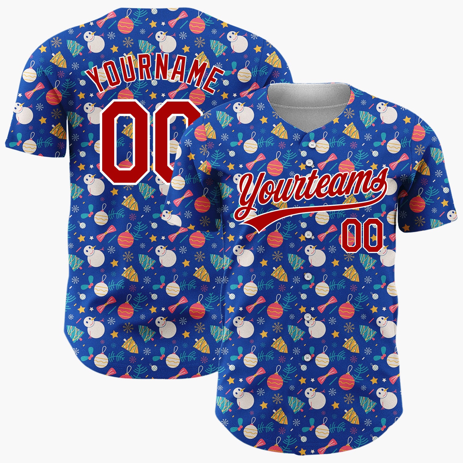 Custom Dark Blue Red Snowmen Ornaments And Stars Whimsical Winter Pattern Christmas Baseball Jersey