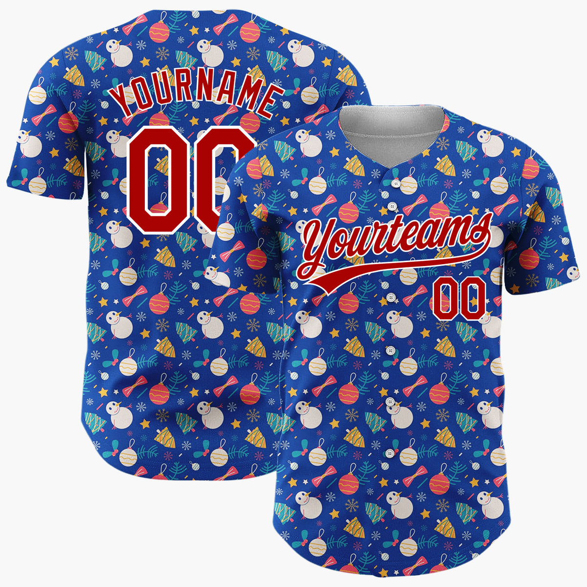 Custom Dark Blue Red Snowmen Ornaments And Stars Whimsical Winter Pattern Christmas Baseball Jersey
