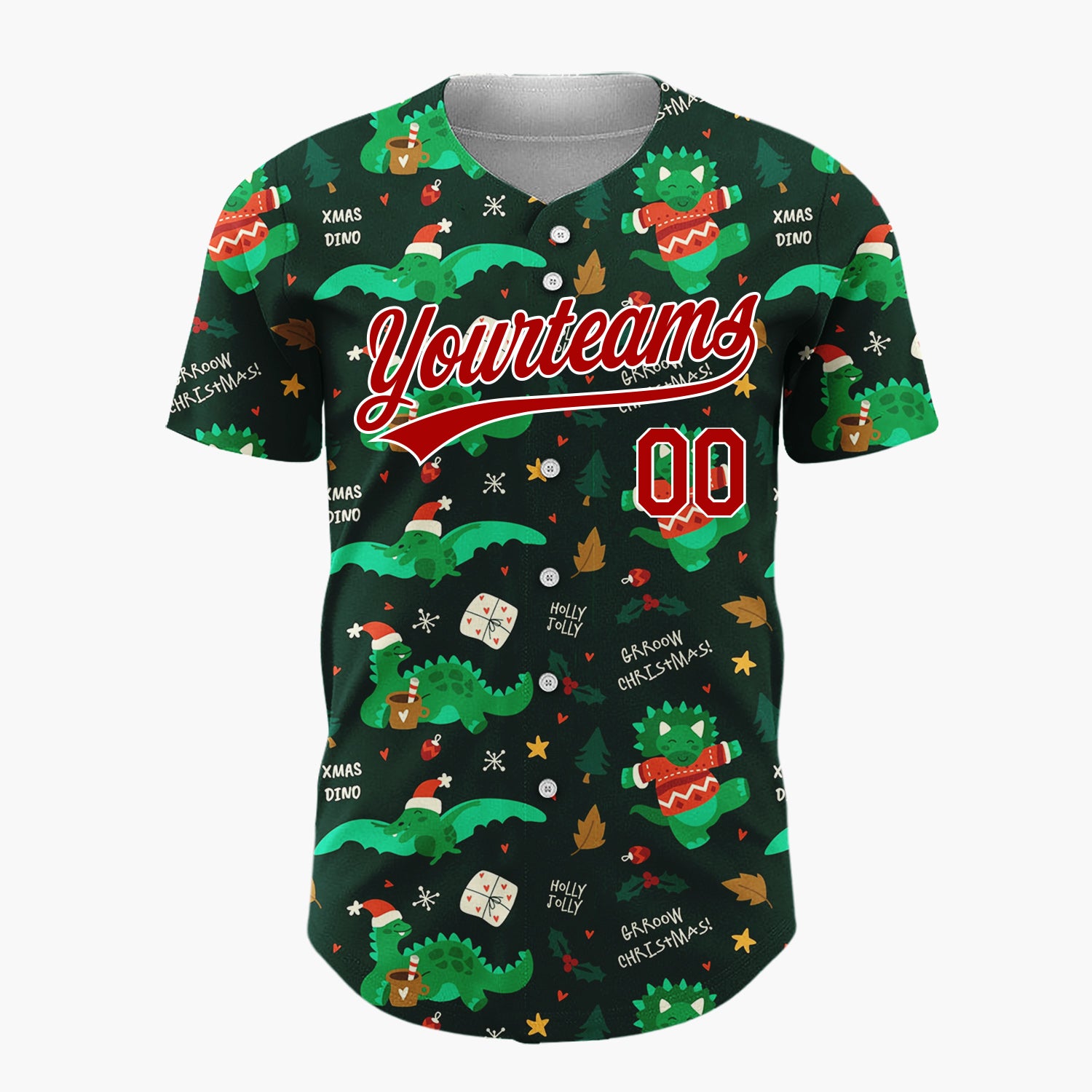 Custom Dark Green  Dinosaurs Gifts And Cocoa Cups Xmas Dino Pattern Christmas Baseball Jersey