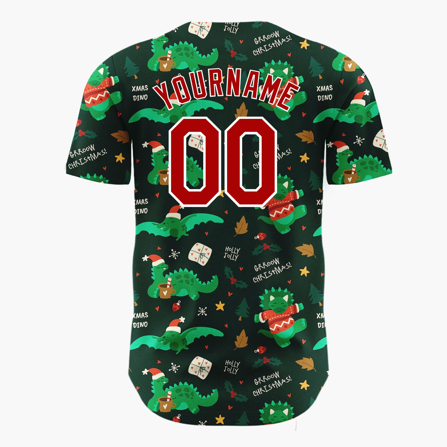 Custom Dark Green  Dinosaurs Gifts And Cocoa Cups Xmas Dino Pattern Christmas Baseball Jersey