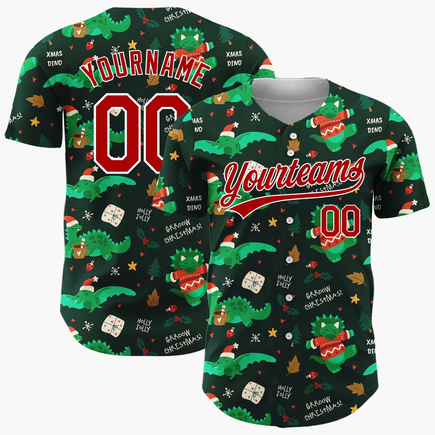 Custom Dark Green  Dinosaurs Gifts And Cocoa Cups Xmas Dino Pattern Christmas Baseball Jersey