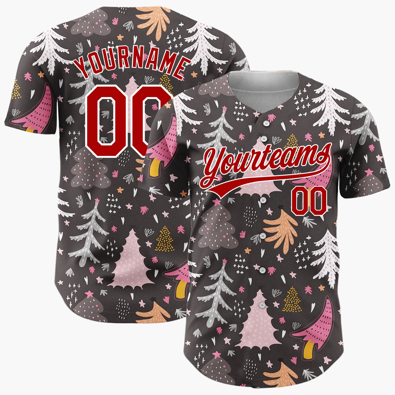 Custom Dark Gray Abstract Colorful Winter Trees Stars Modern Folk Christmas Baseball Jersey
