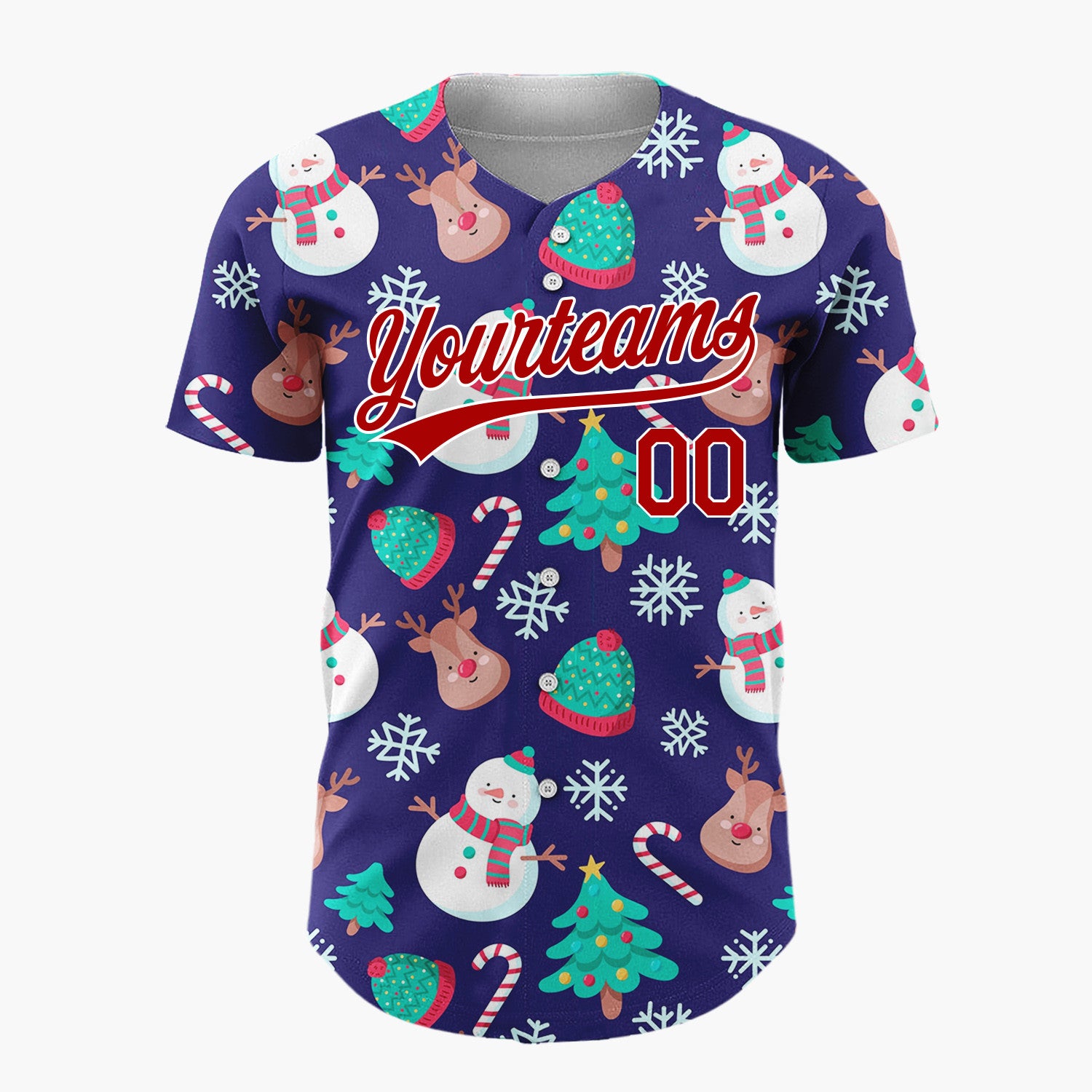 Custom Dark Blue Snowmen Reindeer Trees Cute Cartoon Christmas Baseball Jersey
