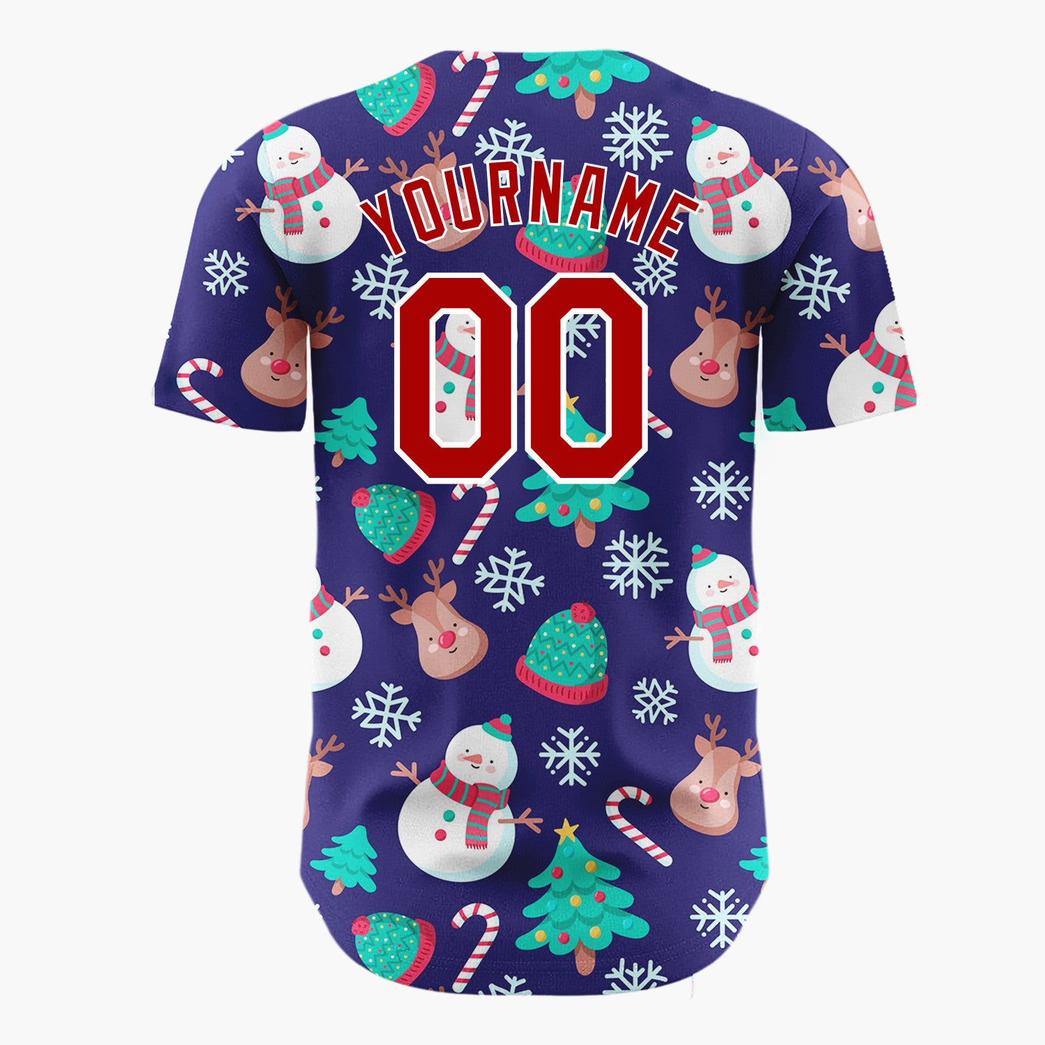 Custom Dark Blue Snowmen Reindeer Trees Cute Cartoon Christmas Baseball Jersey