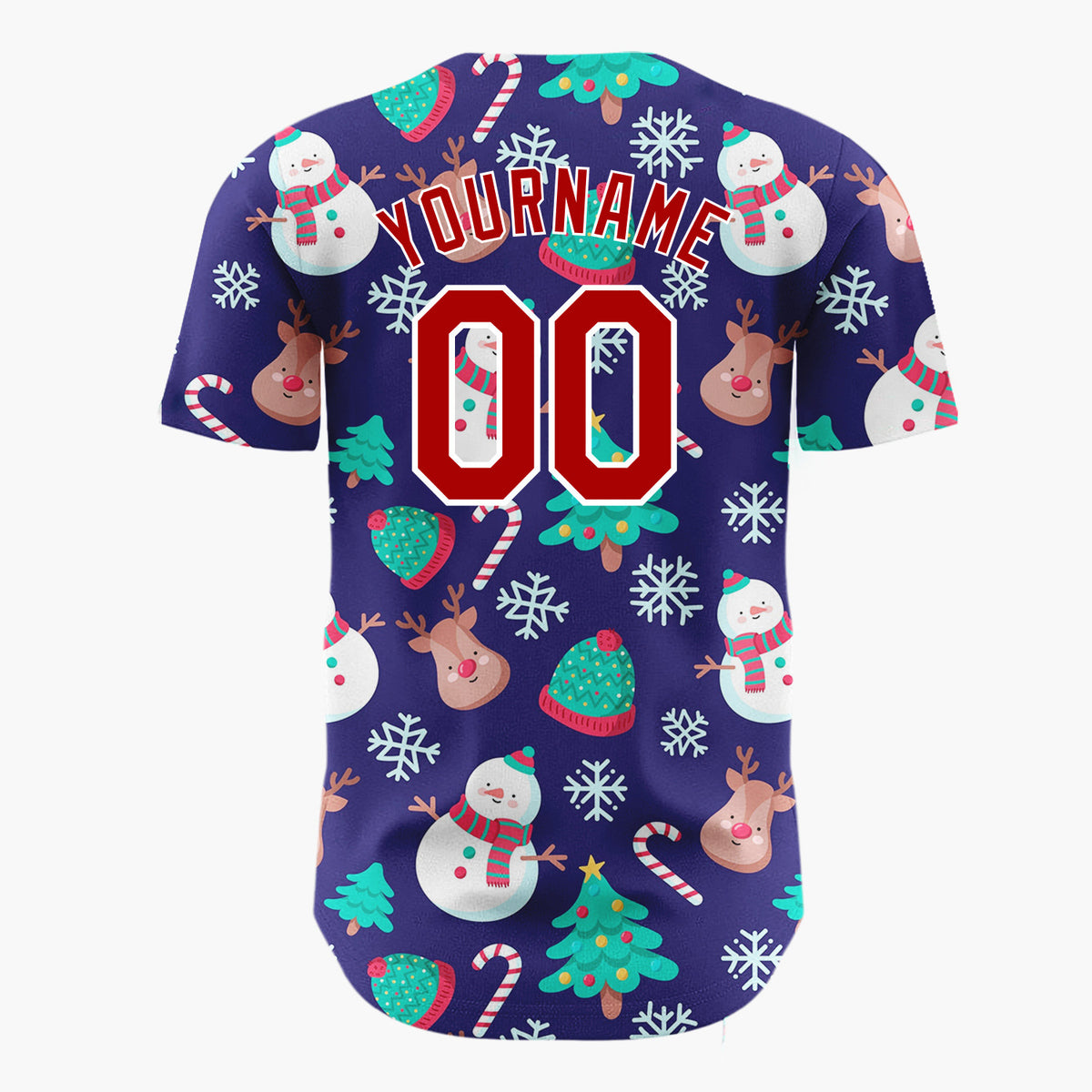 Custom Dark Blue Snowmen Reindeer Trees Cute Cartoon Christmas Baseball Jersey