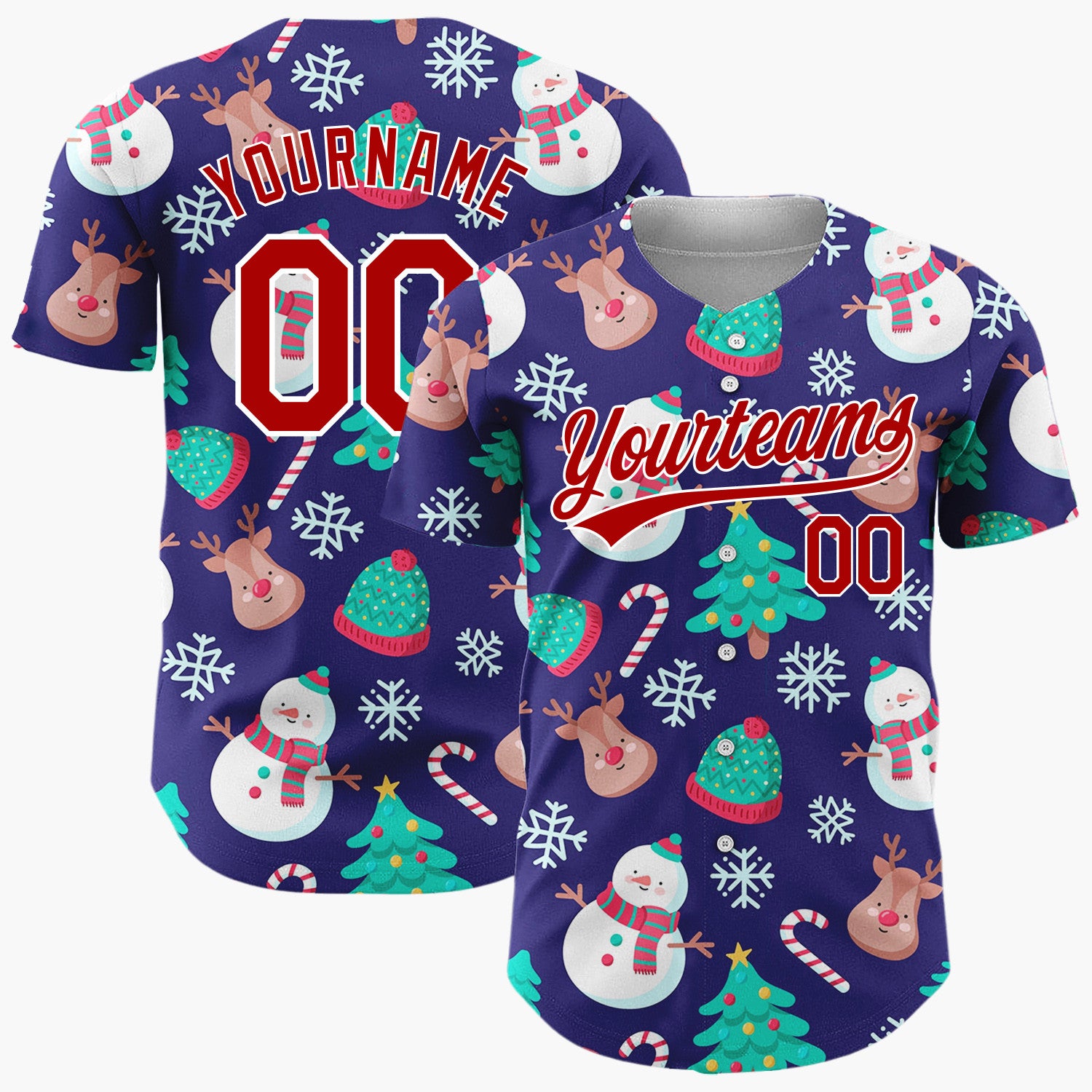 Custom Dark Blue Snowmen Reindeer Trees Cute Cartoon Christmas Baseball Jersey
