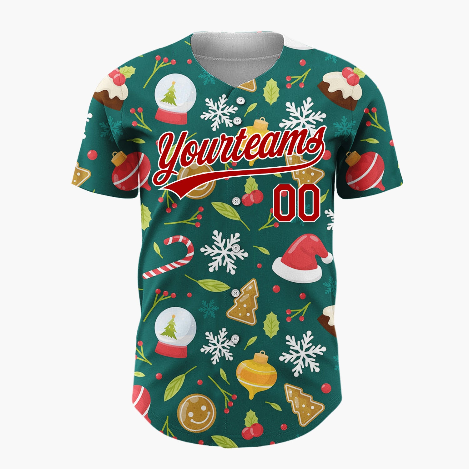 Custom Dark Green Red Gingerbread Hats And Snowflakes Classic Christmas Baseball Jersey