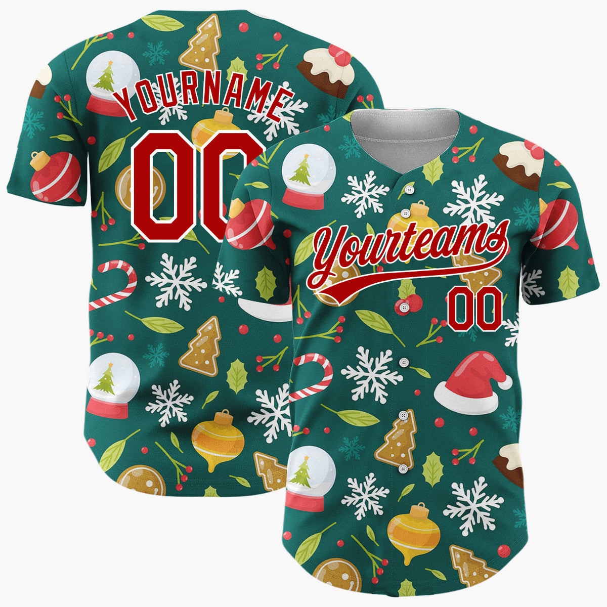 Custom Dark Green Red Gingerbread Hats And Snowflakes Classic Christmas Baseball Jersey
