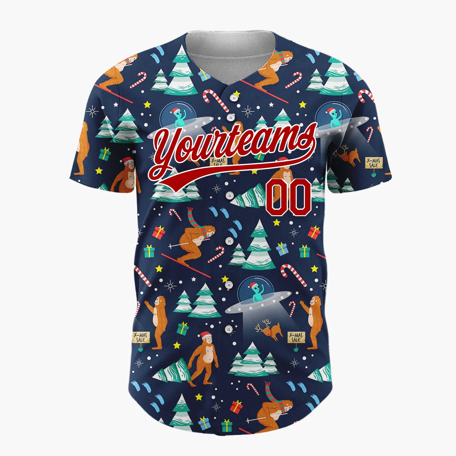 Custom Dark Blue Multicolor Bigfoot Yeti UFO Christmas Baseball Jersey