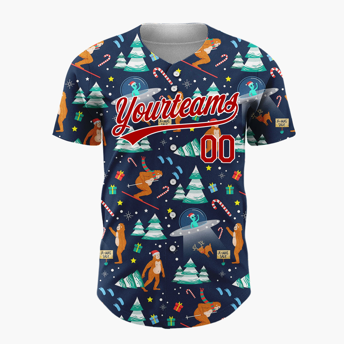 Custom Dark Blue Multicolor Bigfoot Yeti UFO Christmas Baseball Jersey