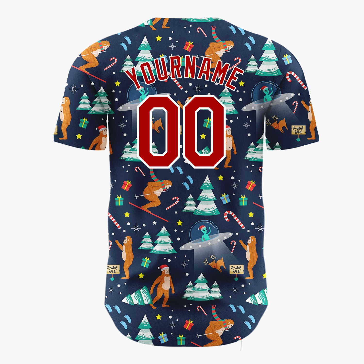 Custom Dark Blue Multicolor Bigfoot Yeti UFO Christmas Baseball Jersey