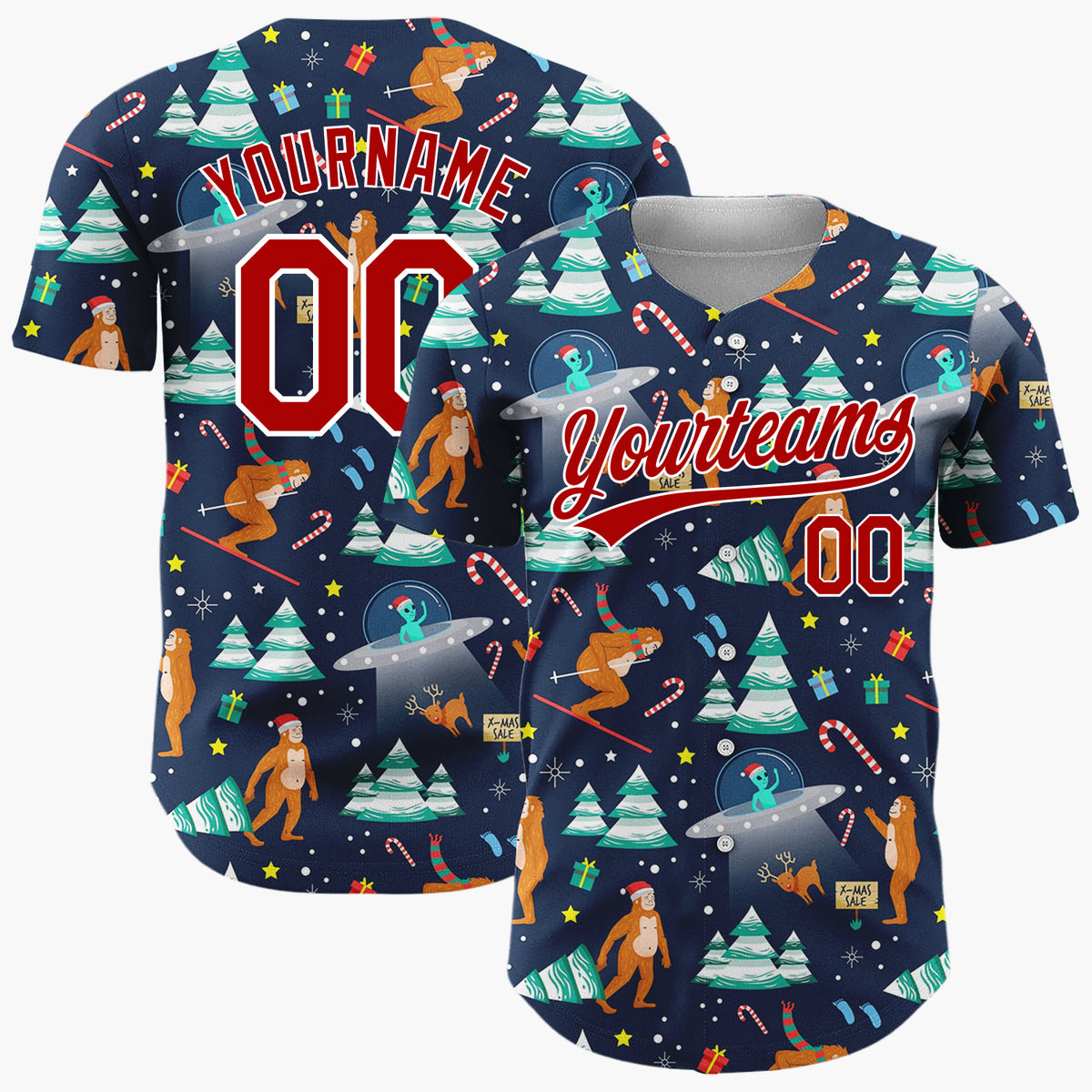 Custom Dark Blue Multicolor Bigfoot Yeti UFO Christmas Baseball Jersey
