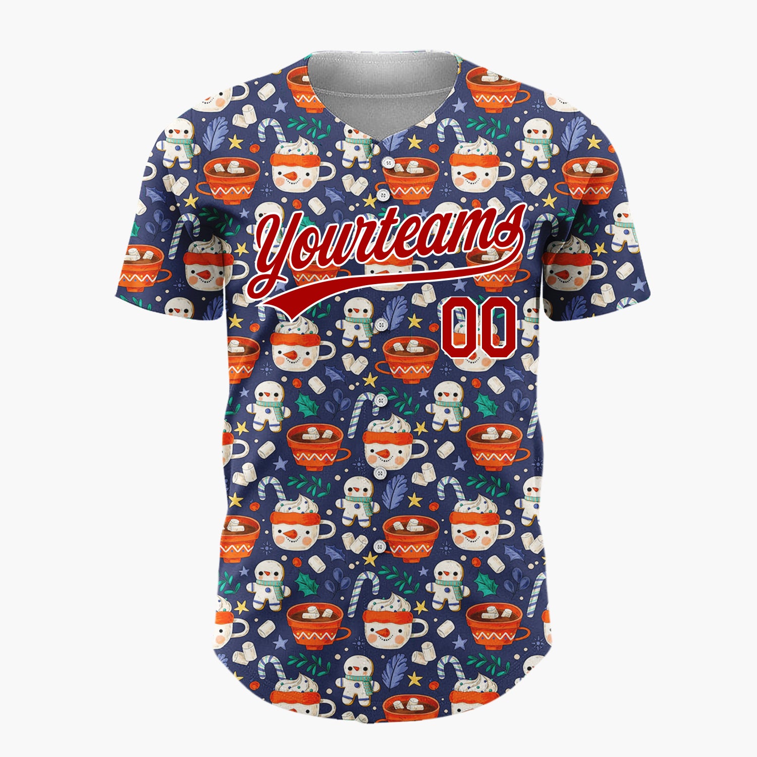 Custom Dark Blue Red Hot Chocolate Mugs And Gingerbread Men Cute Winter Pattern Christmas Baseball Jersey