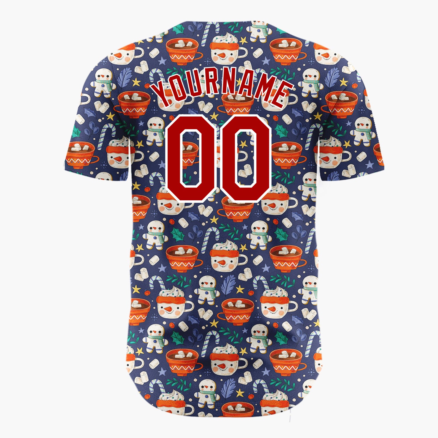 Custom Dark Blue Red Hot Chocolate Mugs And Gingerbread Men Cute Winter Pattern Christmas Baseball Jersey