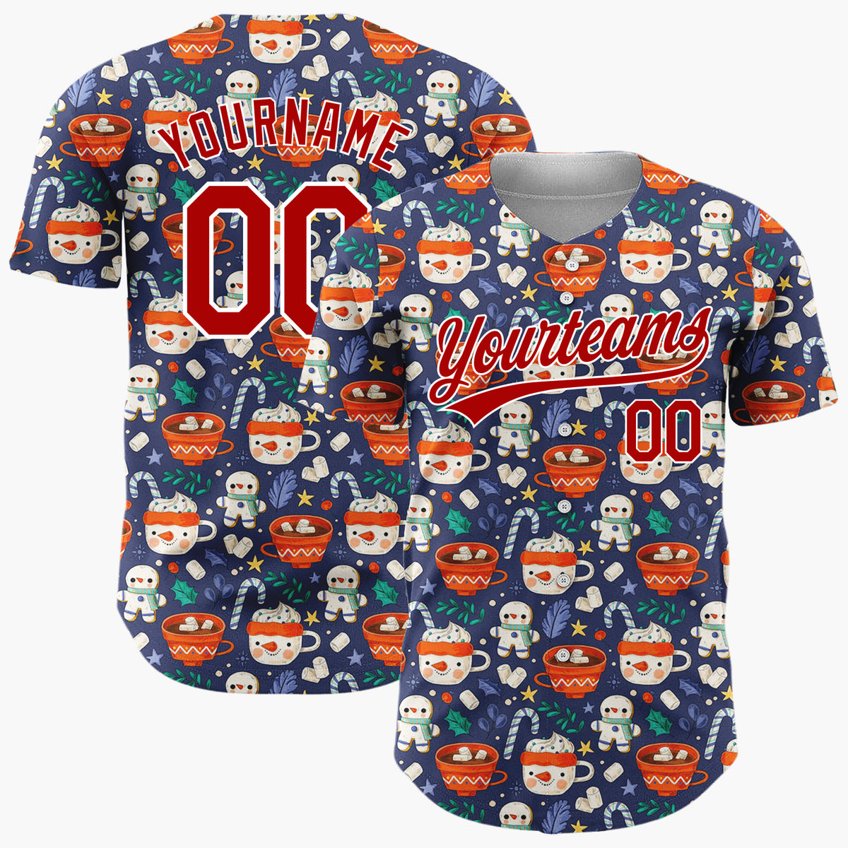 Custom Dark Blue Red Hot Chocolate Mugs And Gingerbread Men Cute Winter Pattern Christmas Baseball Jersey