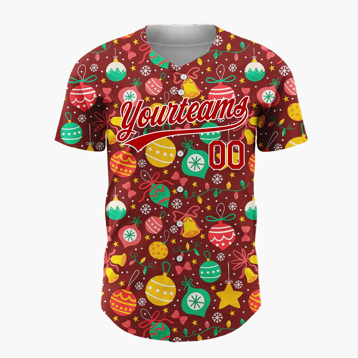 Custom Deep Red Green Yellow Ornaments And Stars Vibrant Festive Pattern Christmas Baseball Jersey