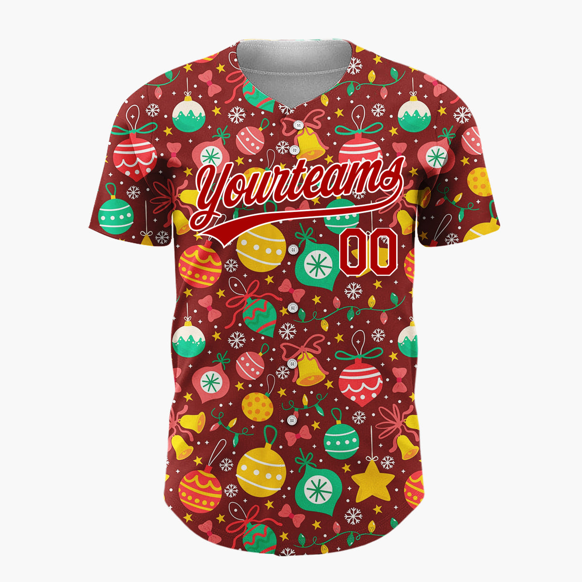 Custom Deep Red Green Yellow Ornaments And Stars Vibrant Festive Pattern Christmas Baseball Jersey