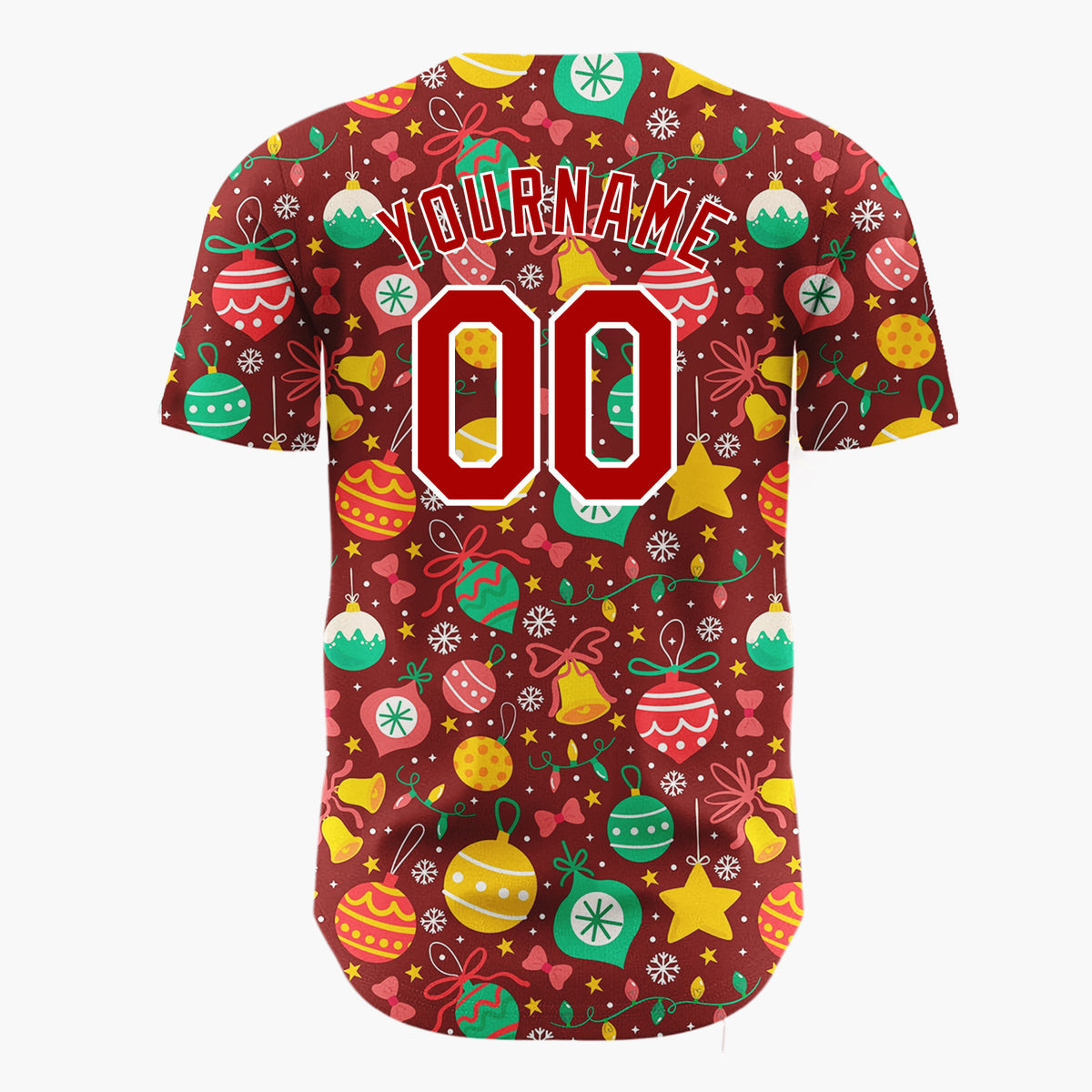 Custom Deep Red Green Yellow Ornaments And Stars Vibrant Festive Pattern Christmas Baseball Jersey