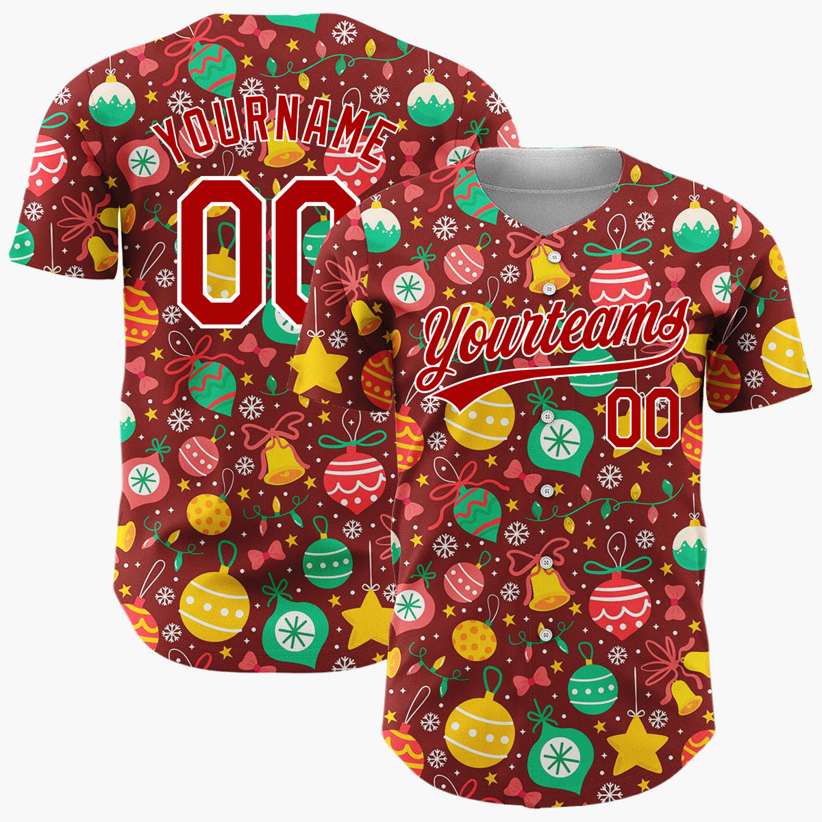 Custom Deep Red Green Yellow Ornaments And Stars Vibrant Festive Pattern Christmas Baseball Jersey