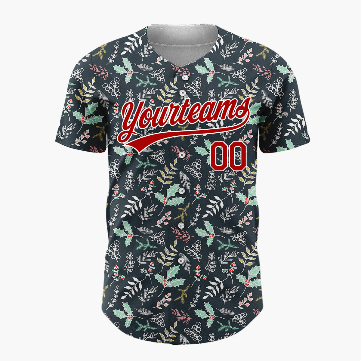 Custom Dark Blue Green Holly And Leaves Hand Drawn Botanical Pattern Christmas Baseball Jersey