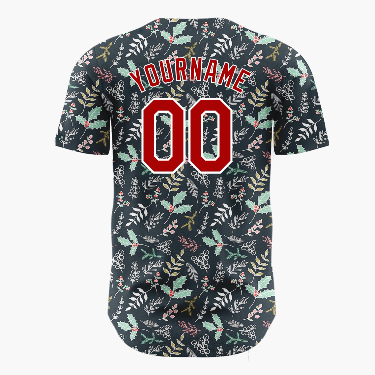 Custom Dark Blue Green Holly And Leaves Hand Drawn Botanical Pattern Christmas Baseball Jersey