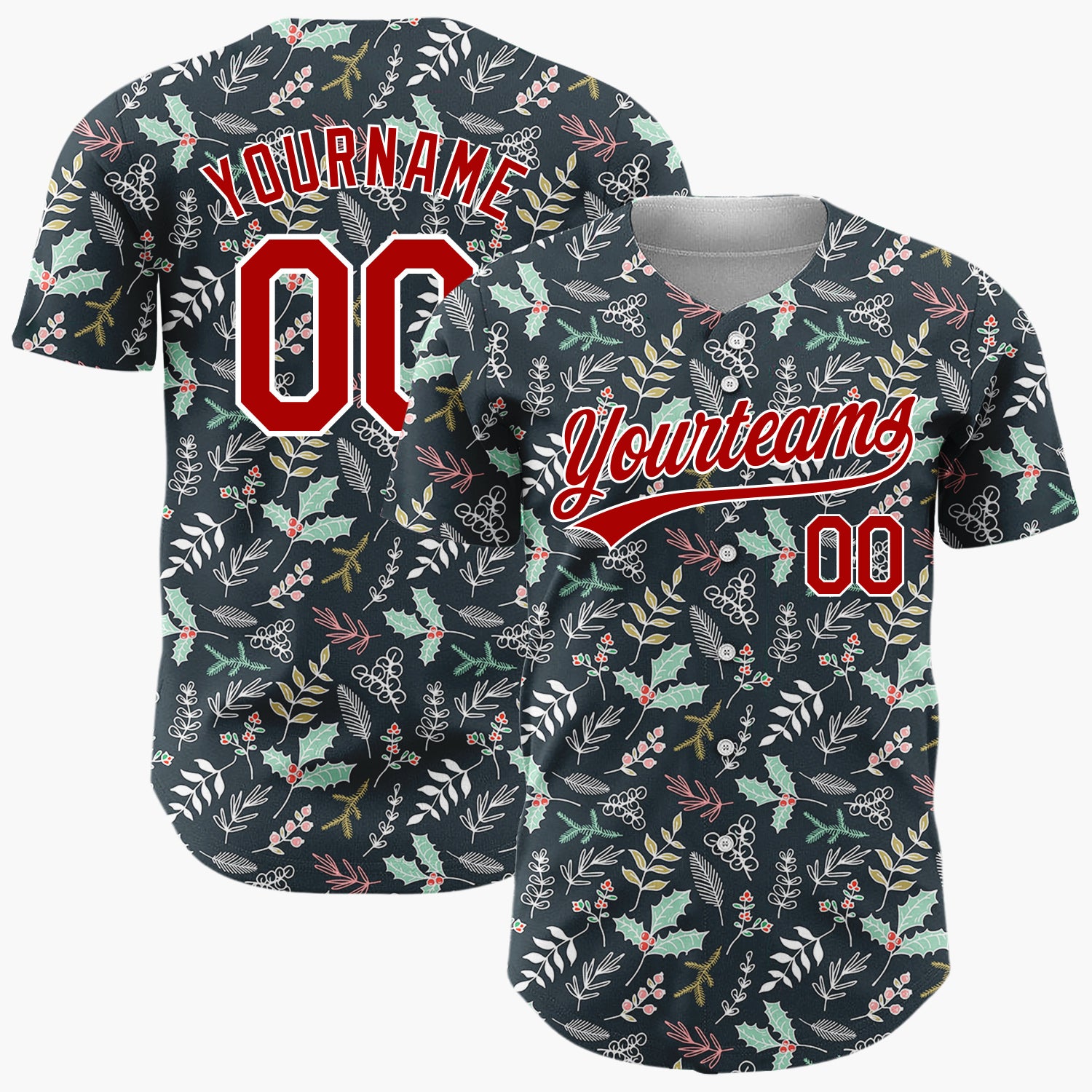 Custom Dark Blue Green Holly And Leaves Hand Drawn Botanical Pattern Christmas Baseball Jersey