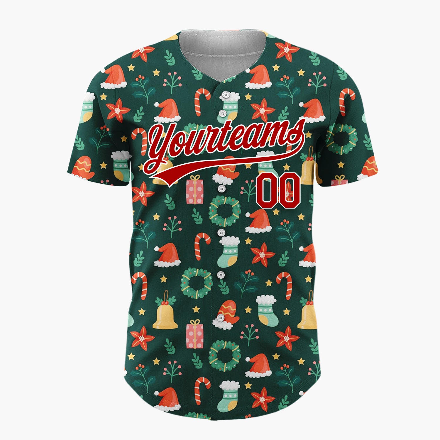 Custom Dark Green Christmas Icons Festive Doodles Cartoon Pattern Christmas Baseball Jersey