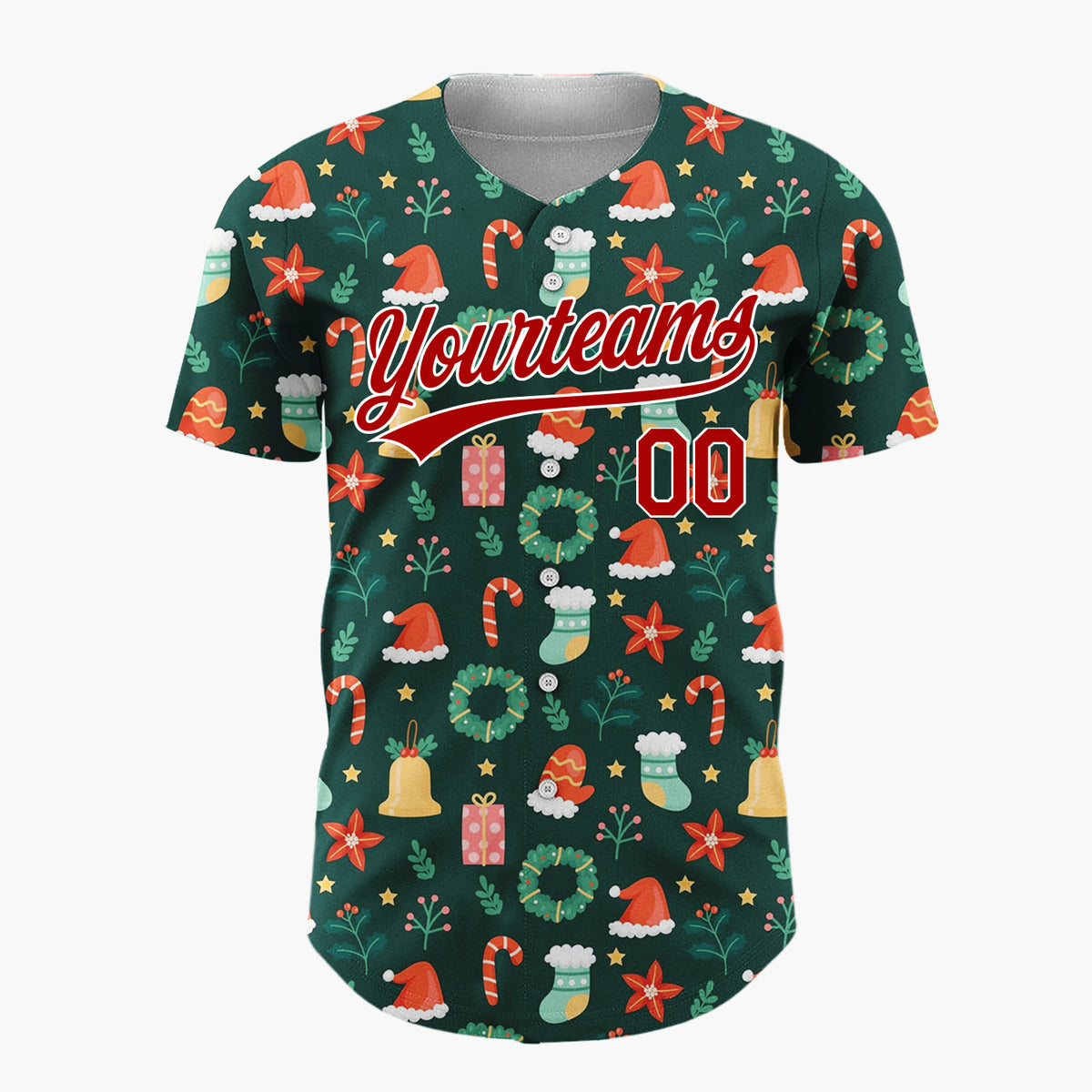 Custom Dark Green Christmas Icons Festive Doodles Cartoon Pattern Christmas Baseball Jersey