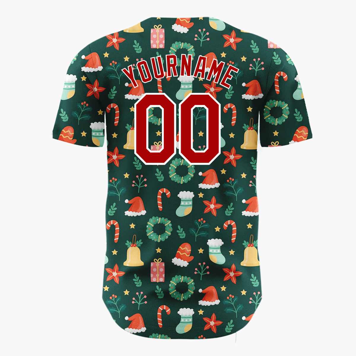 Custom Dark Green Christmas Icons Festive Doodles Cartoon Pattern Christmas Baseball Jersey