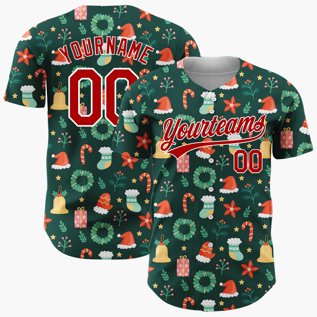 Custom Dark Green Christmas Icons Festive Doodles Cartoon Pattern Christmas Baseball Jersey