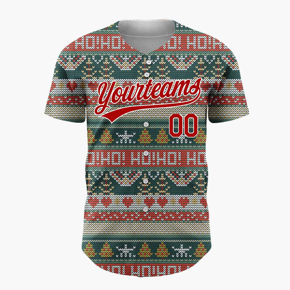 Custom Dark Green Red Trees Hearts And HoHoHo Letters Cozy Knit Pattern Christmas Baseball Jersey