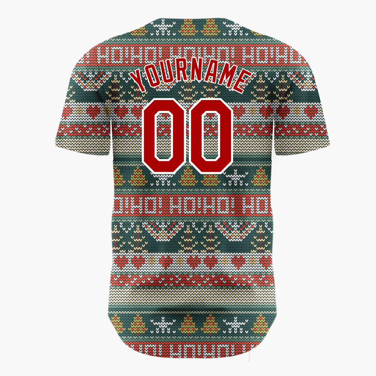 Custom Dark Green Red Trees Hearts And HoHoHo Letters Cozy Knit Pattern Christmas Baseball Jersey
