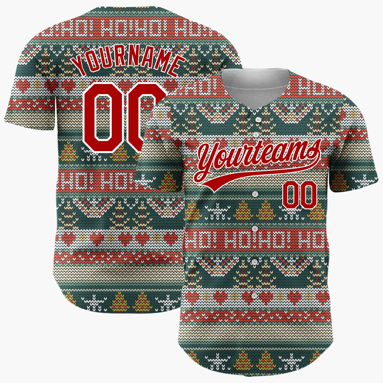 Custom Dark Green Red Trees Hearts And HoHoHo Letters Cozy Knit Pattern Christmas Baseball Jersey