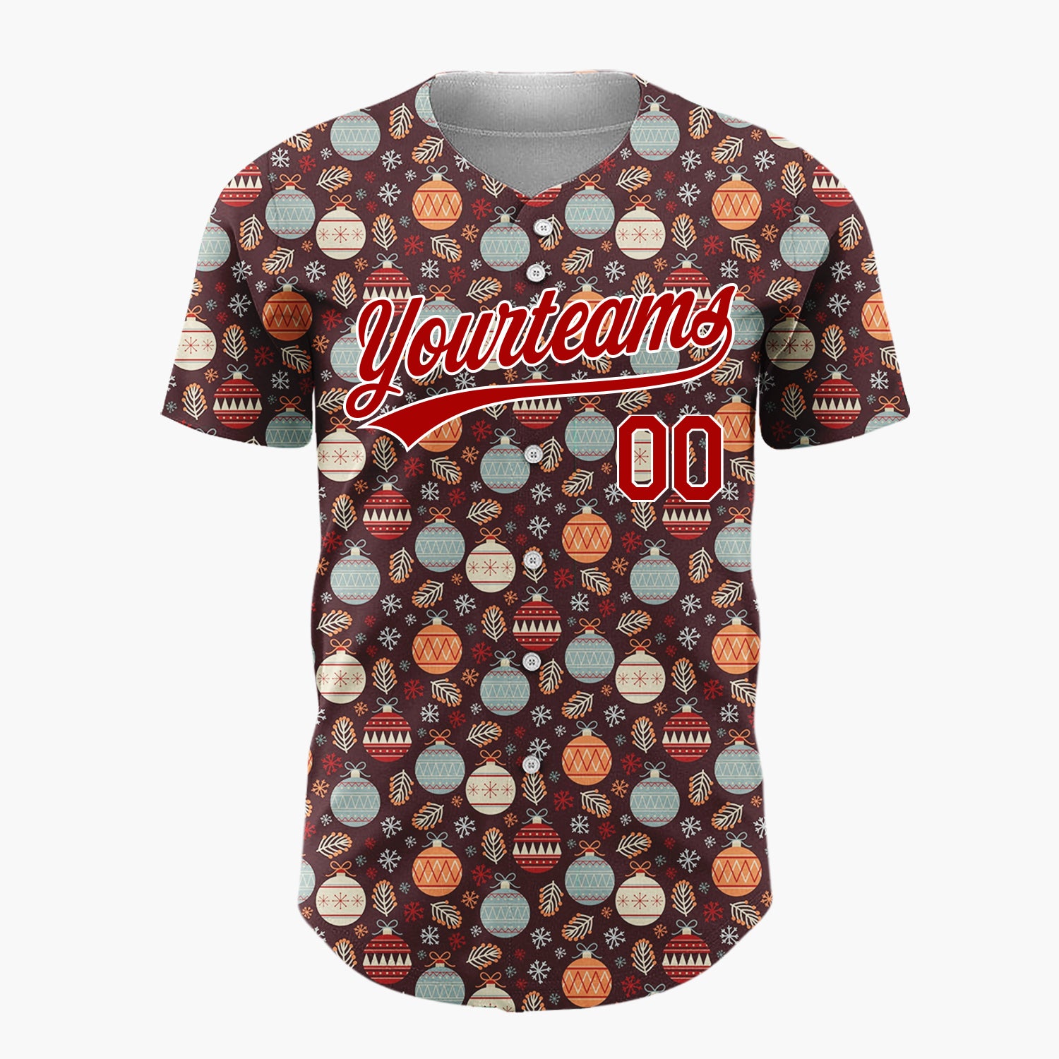 Custom Dark Brown Retro Ornaments And Snowflakes Vintage Holiday Pattern Christmas Baseball Jersey