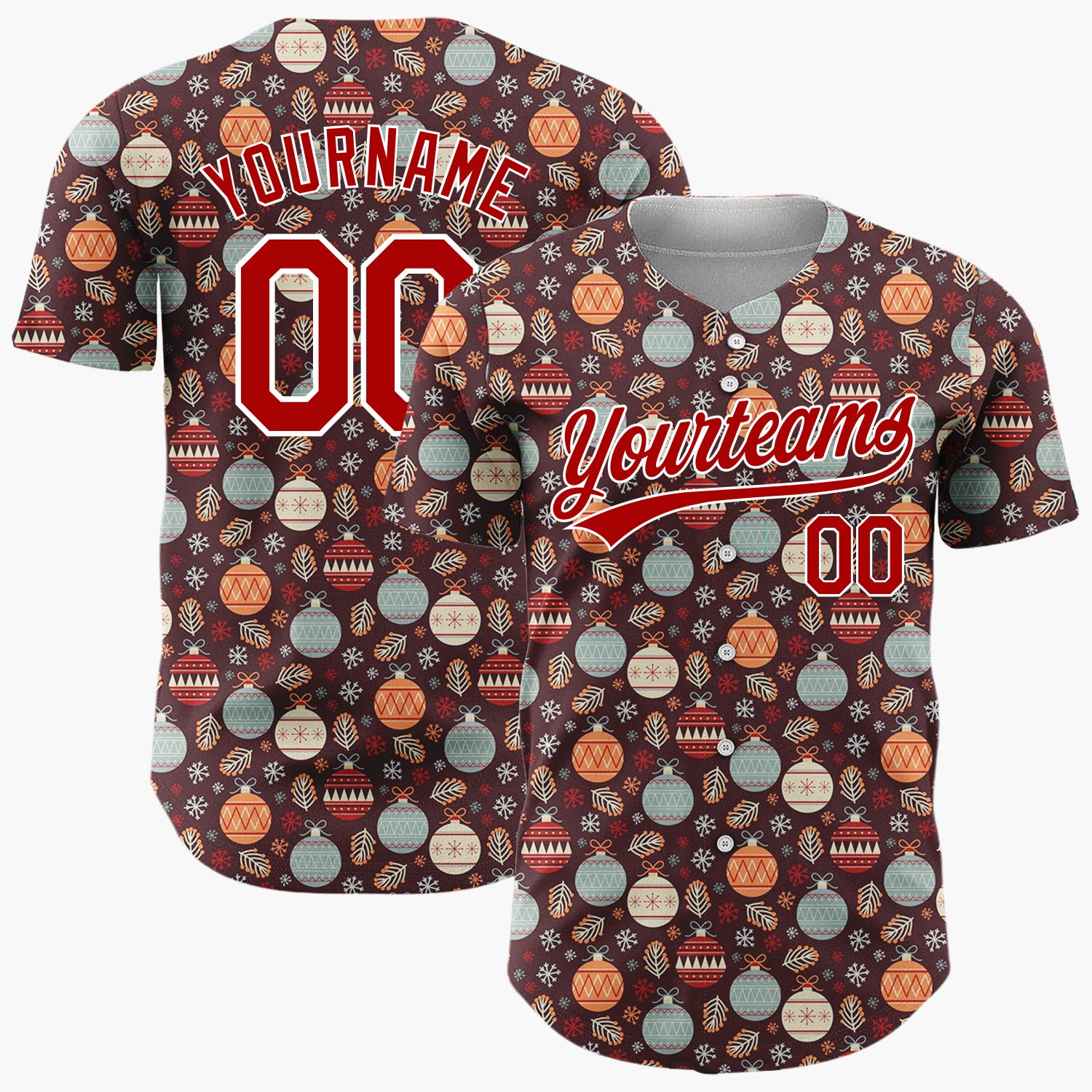 Custom Dark Brown Retro Ornaments And Snowflakes Vintage Holiday Pattern Christmas Baseball Jersey