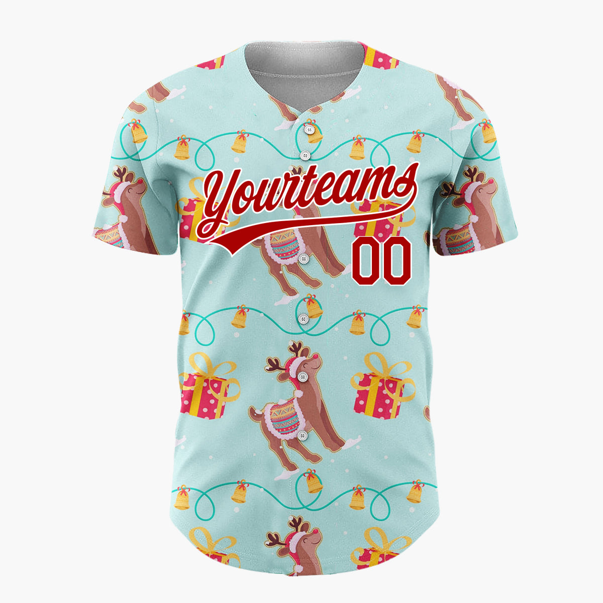 Custom Light Blue Brown Reindeer Gift String Light Pattern Christmas Baseball Jersey
