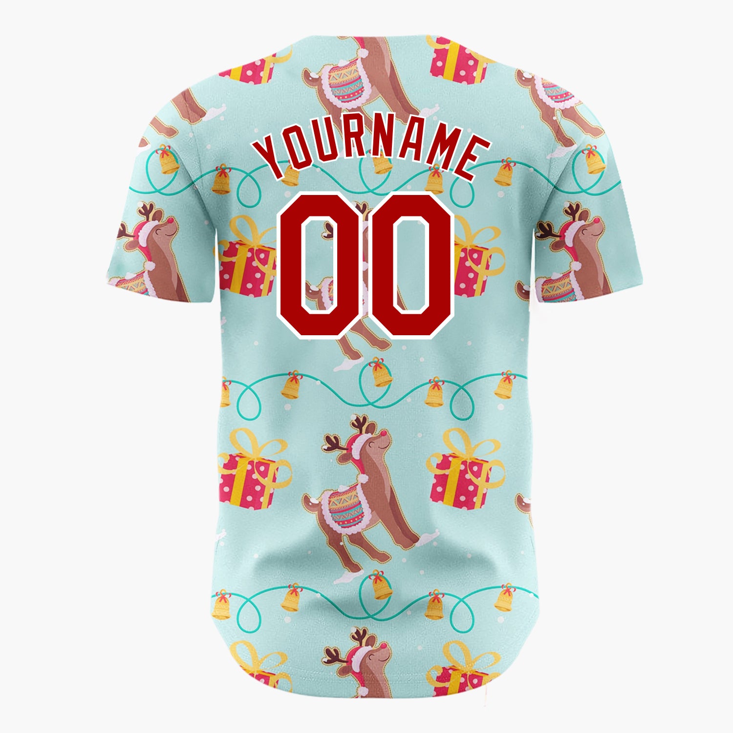 Custom Light Blue Brown Reindeer Gift String Light Pattern Christmas Baseball Jersey
