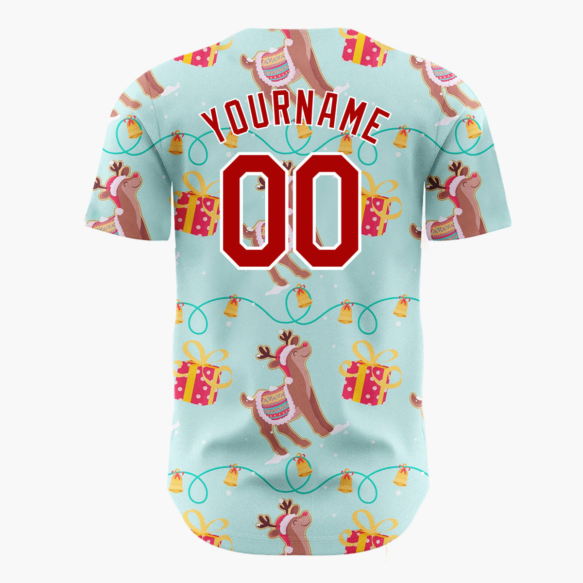 Custom Light Blue Brown Reindeer Gift String Light Pattern Christmas Baseball Jersey