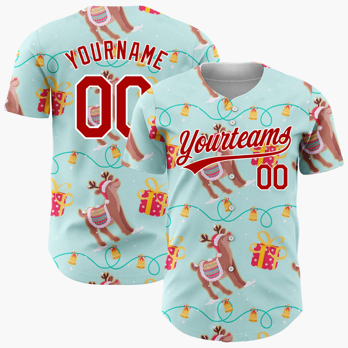 Custom Light Blue Brown Reindeer Gift String Light Pattern Christmas Baseball Jersey