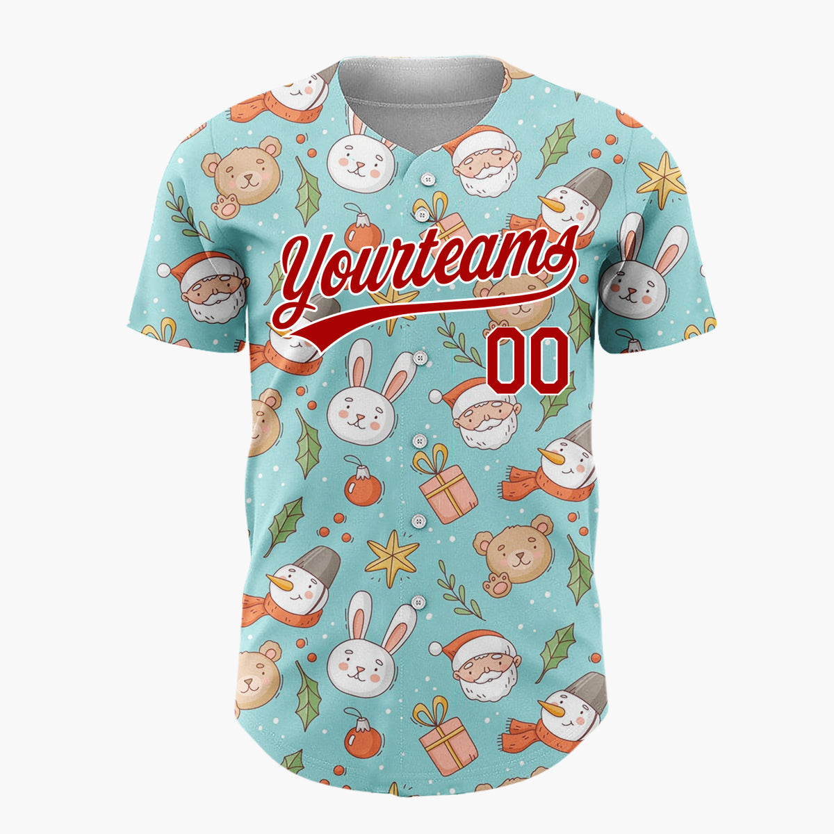 Custom Light Blue Brown White Cute Characters Christmas Baseball Jersey