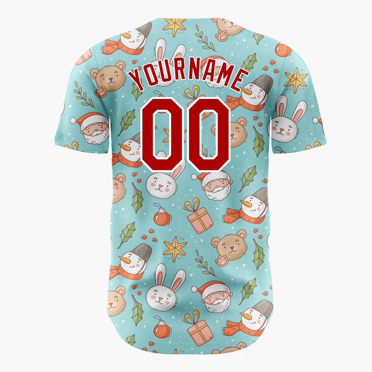 Custom Light Blue Brown White Cute Characters Christmas Baseball Jersey