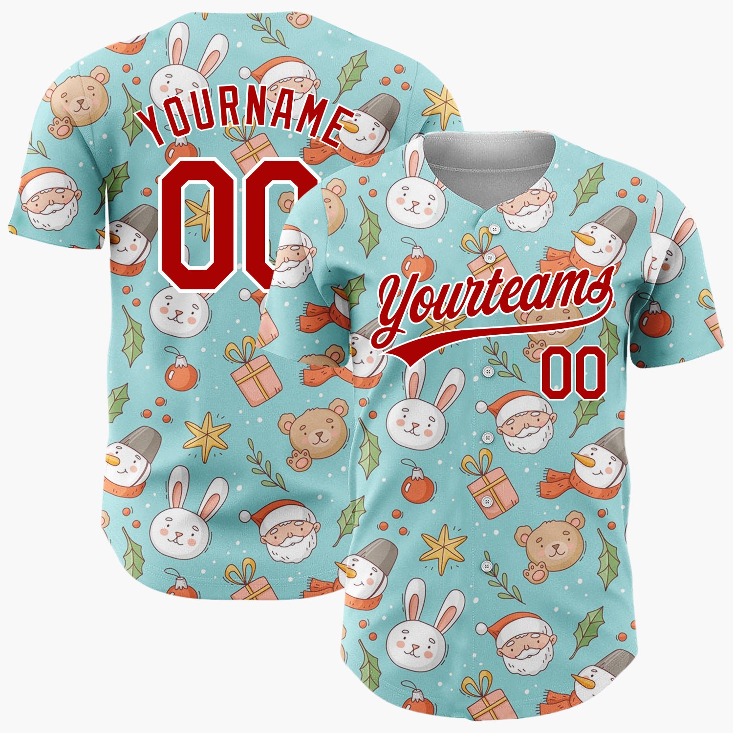 Custom Light Blue Brown White Cute Characters Christmas Baseball Jersey