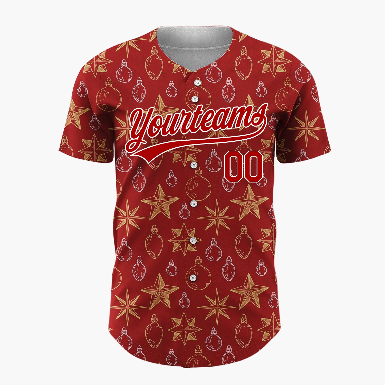 Custom Deep Red Star And Ornament Sketch Pattern Christmas Baseball Jersey